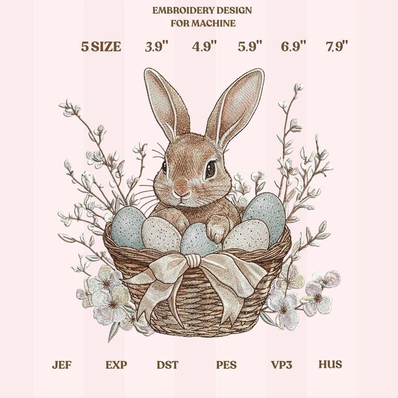 Easter Bunny Embroidery Design, Rabbit in Basket With Eggs and Flowers ...