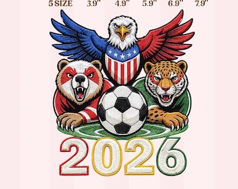 World Cup 2026 Animal Embroidery Design, Eagle Bear Jaguar Soccer Theme, Football Embroidery File