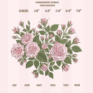 Puede incluir: Un diseño de bordado para máquina con un ramo de rosas y capullos rosas con hojas verdes. El diseño incluye tamaños de 9.9 cm a 20.1 cm. El texto "EMBROIDERY DESIGN FOR MACHINE" está en la parte superior. Formatos de archivo: JEF, EXP, DST, PES, VP3 y HUS.