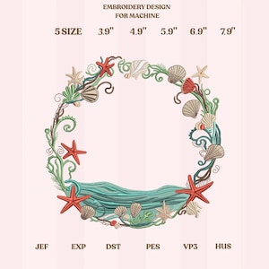 Diseño de bordado de concha marina, archivo de bordado a máquina de corona costera oceánica, patrón de bordado de estrella de mar playera, borde náutico de verano