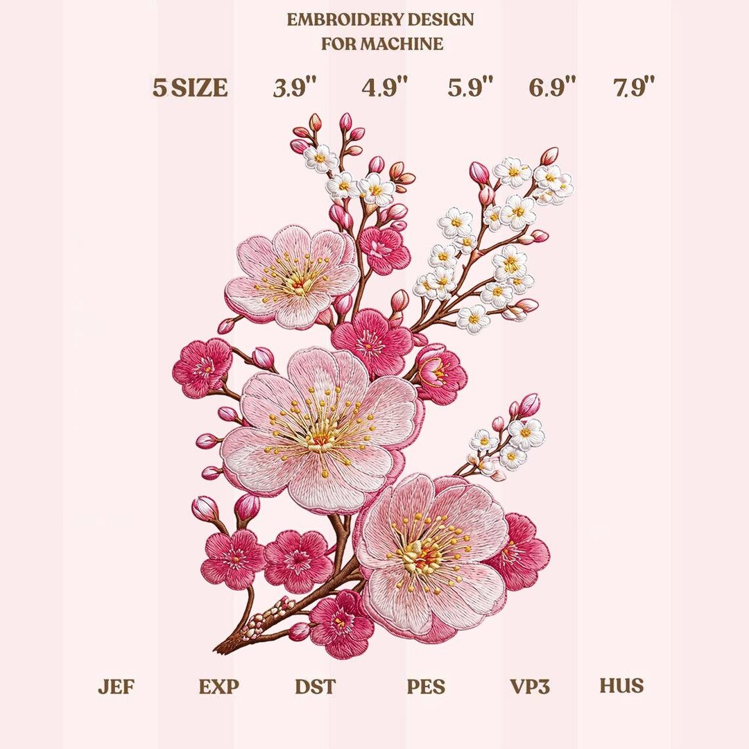 Cherry Blossom Branch Machine Embroidery Design, Pink Sakura Spring ...