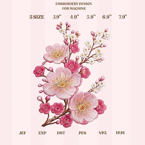 May include: Machine embroidery design featuring a floral arrangement with pink and white blossoms. The design includes text indicating sizes from 3.9" to 7.9" and file formats. The background is a soft pink.