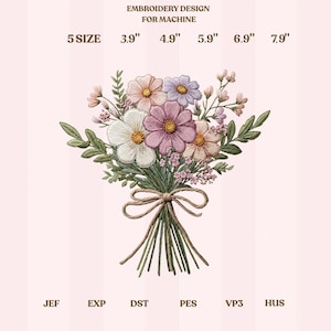 May include: An embroidery design for machine use, featuring a bouquet of flowers in shades of pink, white, and purple, tied with a brown ribbon. The design sizes range from 3.9" to 7.9". The text "EMBROIDERY DESIGN FOR MACHINE" is at the top.