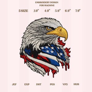 May include: An embroidered design for machine embroidery featuring a detailed bald eagle head with a patriotic American flag design. The design includes sizes from 3.9" to 7.9" and is available in multiple file formats.