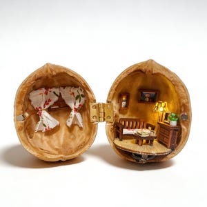Handmade Walnut Shell Diorama, Lighted Miniature Room in a Nut, Tiny Dollhouse Secret World, Micro Landscape, Unique Gift for Her/He