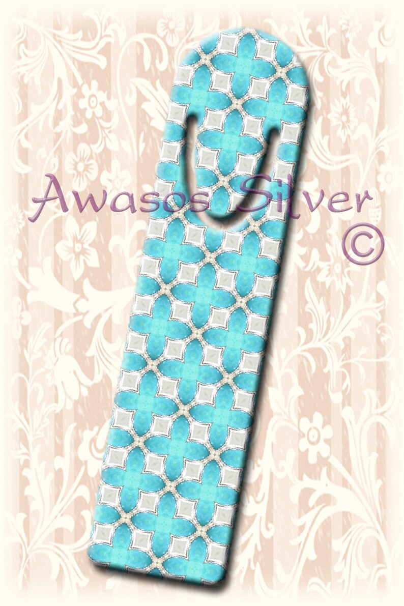 Metal bookmark with high quality printed original images. Turquoise designs on high quality metal bookmark. image 1