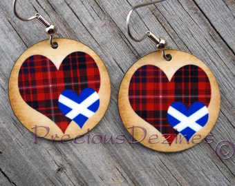 Clan MacRae Tartan Heart with Scottish flag heart earrings. High quality image printed on metal earrings. Scottish Flag. MacRae Tartan