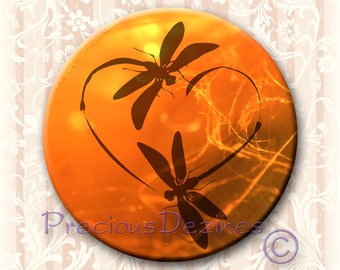 Dragonfly in Amber button. 2.25" round pin back button, magnet, pocket mirror, keyring/bottle opener. Dragonfly Love