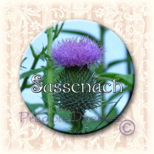 May include: A purple thistle flower with green leaves and the word "Sassenach" in silver lettering. The background is a blue sky.
