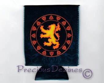 Rampant Lion with Trinity Knots can and bottle hugger, beverage insulators with option of matching bottle opener keyring