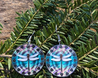 Dragonflies surrounded by trinity knots earrings. Celtic knots and dragonflies. Dragonfly earrings. High quality image printed on metal.