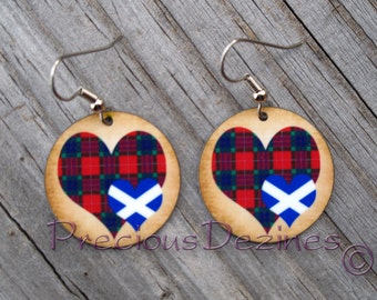 Clan Fraser Tartan Heart with Scottish flag heart earrings. High quality image printed on metal earrings. Scottish Flag. Fraser Tartan