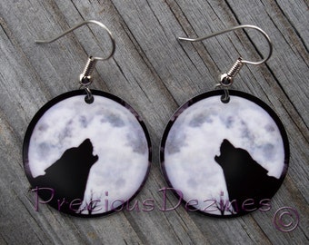 Wolf Howling at the full Moon earrings. High quality image printed on metal earrings. Howling Wolf Full Moon Jewelry