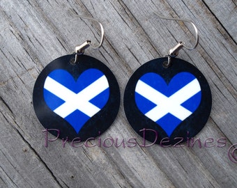 Scottish Flag design earrings. High quality image printed on metal earrings. Scottish Flag. Heart shaped Scottish flag