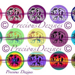 May include: Twelve round, colorful, printed images of bears. Each image features a black silhouette of a bear walking on a colorful background. The text "Precious Dezines" appears twice on the image.