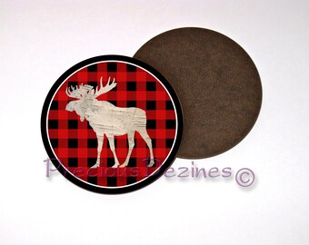 Moose silhouette decorative drink coaster. Moose on buffalo plaid coasters. Set of 4 coasters. Hardboard or Neoprene rubber coasters