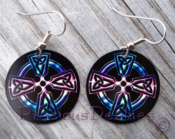 Celtic cross design earrings. High quality image printed on metal earrings. Celtic knot style cross