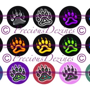May include: Twelve round, black-backed, adhesive-backed paper circles with colorful bear paw prints. The paw prints are in various colors, including red, orange, yellow, green, blue, purple, and silver.