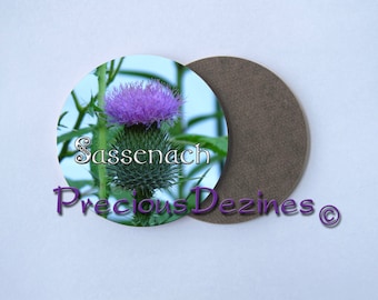 Sassenach Thistle decorative drink coasters. Thistle coasters with Sassenach. Set of 4 coasters. Hardboard coasters or Rubber coasters