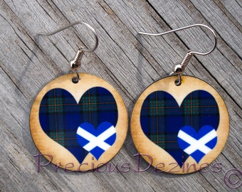 Clan MacLaren Tartan Heart with Scottish flag heart earrings. High quality image printed on metal earrings. Scottish Flag. MacLaren Tartan