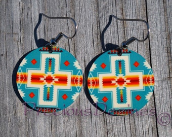 Native blanket design earrings. High quality image printed on metal earrings. Native blanket design