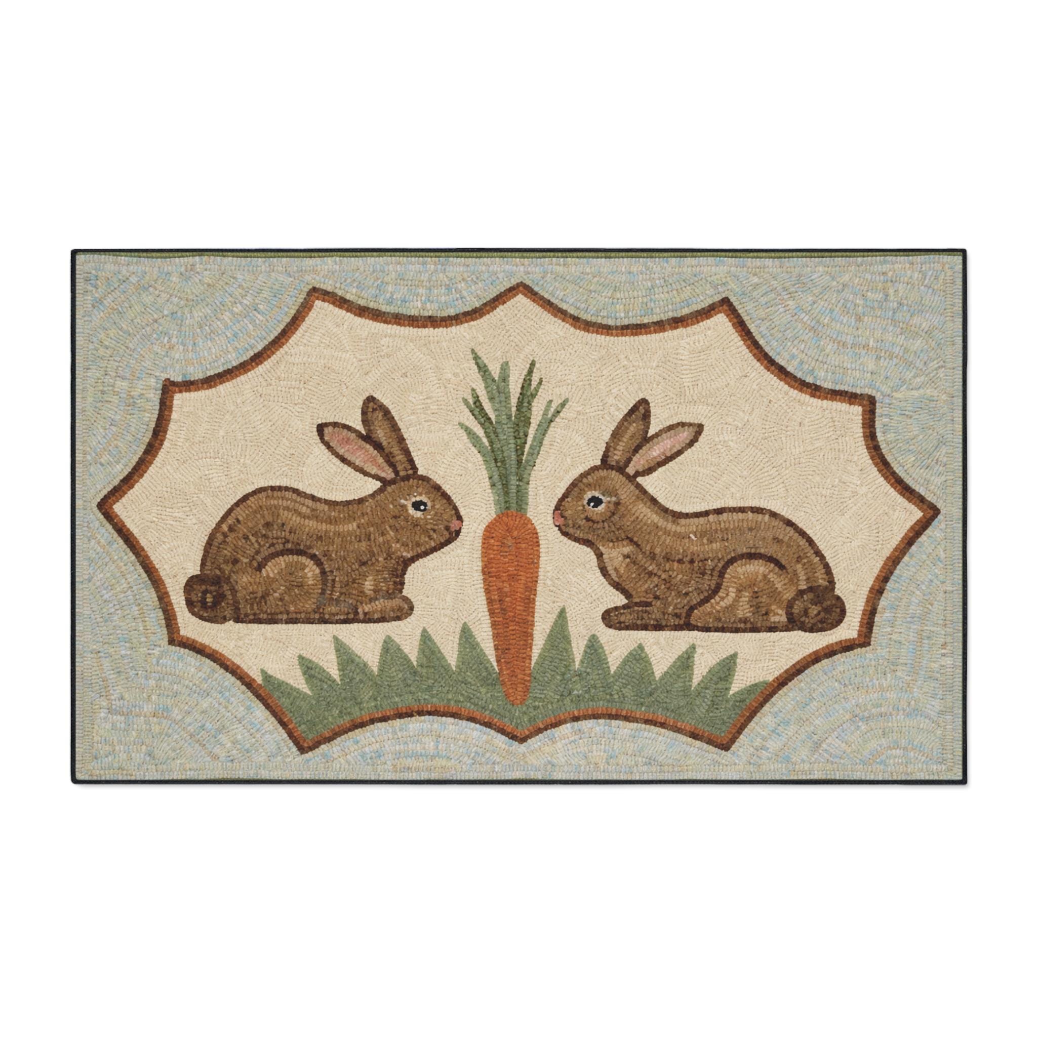 Hooked Rugs With Rabbits Rabbit Folk Art Doormat, Vintage Spring Easter Rug, Bunny Welcome Rug ...