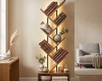 Handgefertigtes Baum-Bücherregal mit LED-Licht, 6-Tier-Bücherregal-Schrank aus Holz