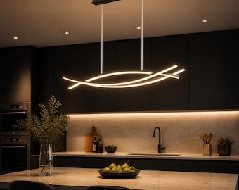 Handmade Curved Oak LED Chandelier, Modern Sculptural Pendant Light Fixture