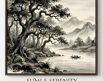 Zen River Landscape Wall Art, Sumi e Ink Wash Print, Wabi Sabi Decor, Mindfulness Gift, Digital Download