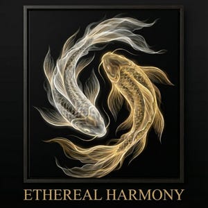 Peut inclure: Une œuvre d'art encadrée représentant deux carpes koï dans une composition yin-yang. Un poisson est argenté, l'autre doré, avec des détails éthérés et fluides. Le fond est noir, et le texte "ETHEREAL HARMONY" est en bas.