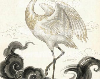 Złoty Żuraw na Ścianie, Tajski Druk Sumi-e, Zen Animal Ink Wash, Japoński Wystrój Salonu, Symbol Długowieczności, Pobieranie Cyfrowe