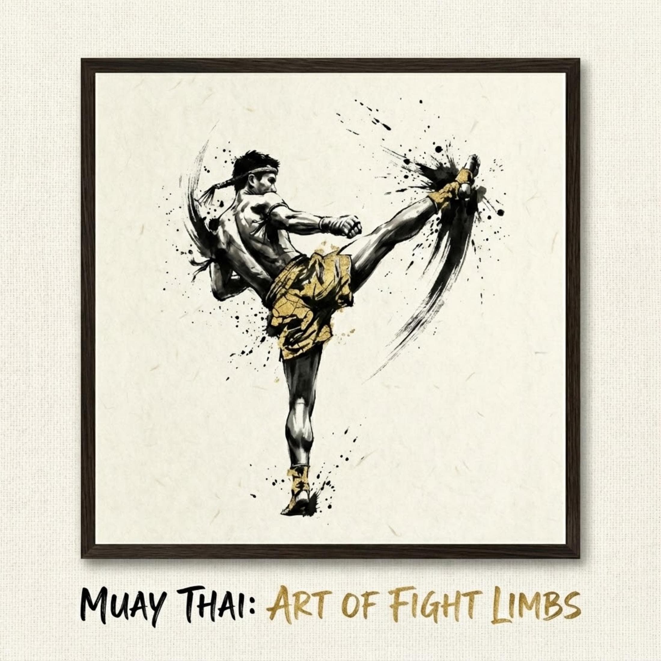 Muay Thai Art Print, Sumi-e Black Gold Style, Thai Boxing Kick