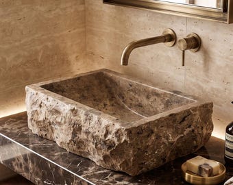 Silber Travertin Waschbecken, Naturstein Schiff Waschbecken, Rustikales Badezimmer Waschbecken, Handgefertigtes Becken mit roher Kante, Gästetoilette Luxus Waschtisch Waschbecken