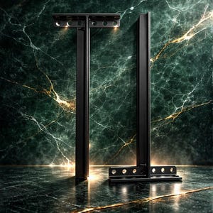 May include: Two black metal brackets, one T-shaped and the other L-shaped, are displayed against a dark green marble background. The T-shaped bracket has a horizontal top with multiple holes and a vertical support. The L-shaped bracket has a horizontal base and a vertical support.