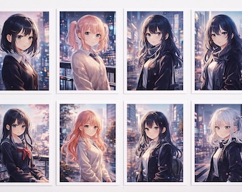 Set di decorazioni murali con ragazze anime • Stampe estetiche di anime • Poster digitali scaricabili • Arte giapponese • Decorazioni anime pastello e cyberpunk