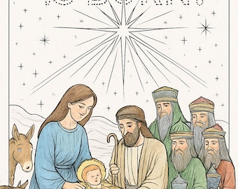 May include: A religious illustration with the text "A Savior Is Born!" features Mary, Joseph, and baby Jesus in a manger, surrounded by the three wise men and animals. The artwork is in soft colors with a starburst.