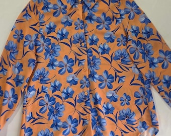 Elie Elie Tahari Floral Satin Blouse in Blue & Orange Small