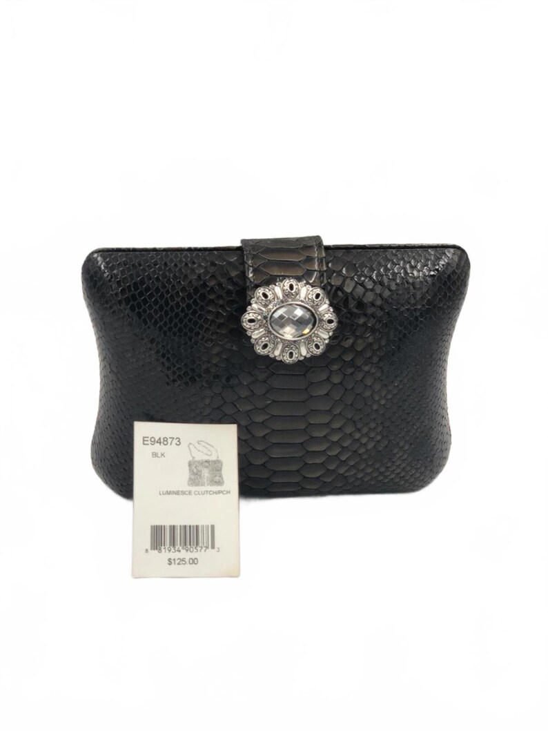 Bolso de noche Brighton Luminesce de piel de serpiente de pitón negra con broche de cristal, nuevo en embalaje original imagen 2