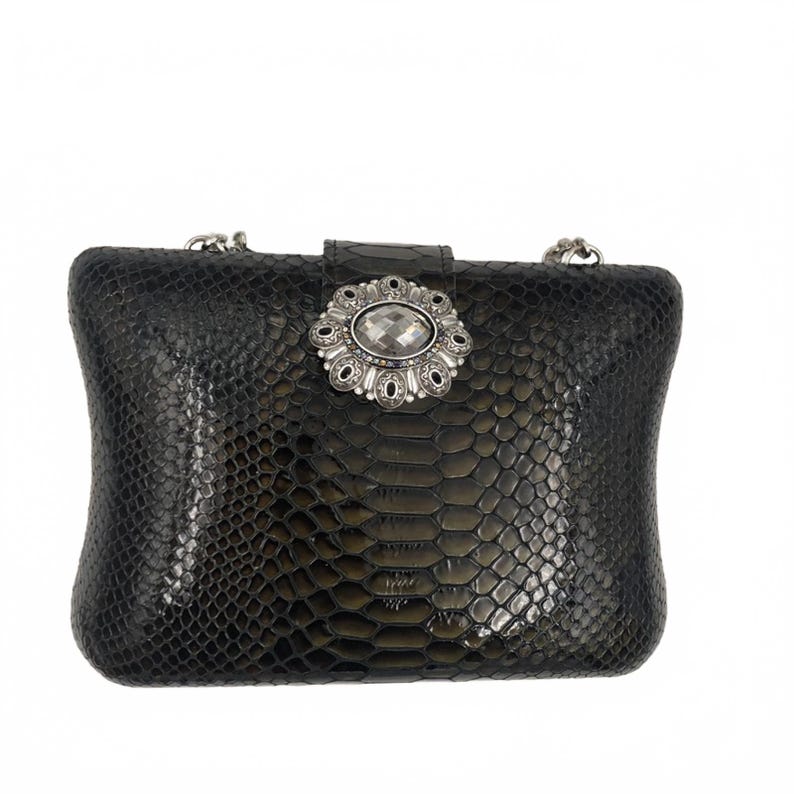 Bolso de noche Brighton Luminesce de piel de serpiente de pitón negra con broche de cristal, nuevo en embalaje original imagen 7