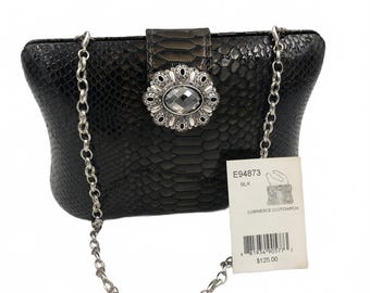 Brighton Luminesce Black Python Snake Skin Clutch Crystal Brooch NWT Evening Bag