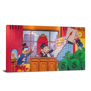 May include: A vibrant canvas print depicting cartoon characters in a business environment. Scrooge McDuck points towards a phone-using Monopoly Man. A young boy holds a chart with an upward arrow, with money bags in the foreground.