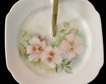 China Dish Hand Painted with Handle....Vintage Hand Painted China Dish with Cherry Blossoms