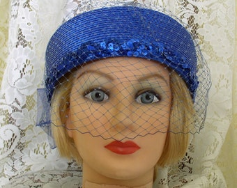 Hat Royal Blue Straw Hat with Veil Vintage Blue Hat....Vintage Royal Blue Straw Hat with Veil and Sequins