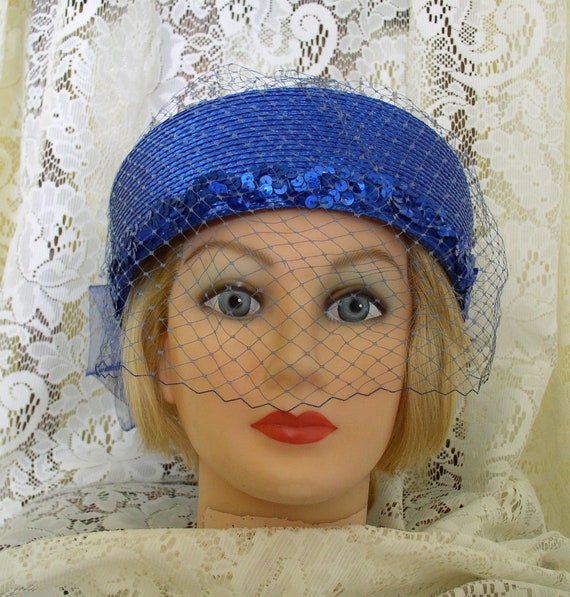 Hat Royal Blue Straw Hat with Veil Vintage Blue H… - image 1