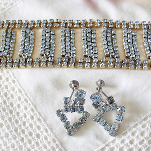 Rhinestone Blue Large Bracelet and Earrings.....Vintage Jewelry.....Vintage Blue Rhinestone Bracelet and Earrings