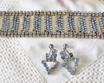 Bracelet and Earrings Blue Rhinestone Large Bracelet and Earrings.....Vintage Jewelry Set...