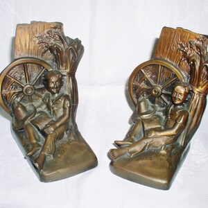 Bookends - Bronze Finish - Young Boy - Tom Sawyer - Huck Finn  ... Vintage