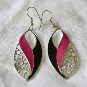 Berebi Earrings Enamel and Filigree Earrings.......Vintage Raspberry and Black Enamel Berebi Earrings...Silvertone Berebi Pierced Earrings