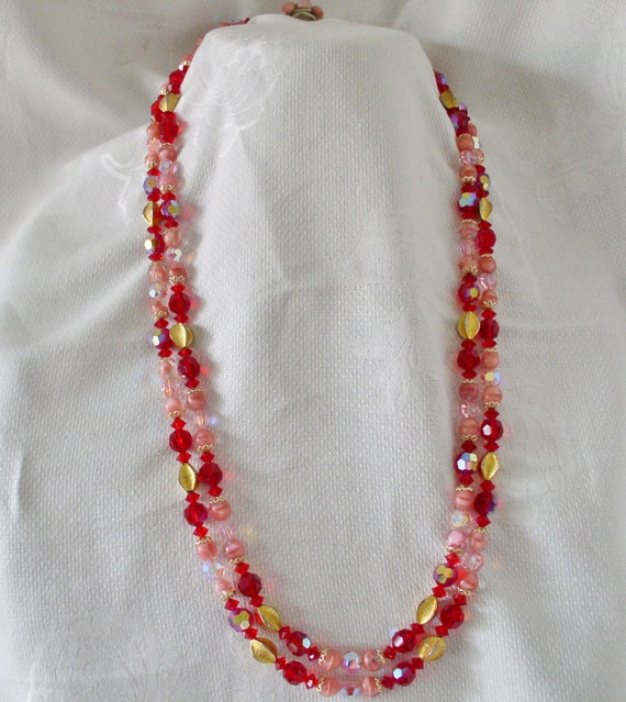 Red and Pink Glass Colored Faceted Beads Vintage … - image 5