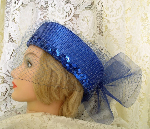 Hat Royal Blue Straw Hat with Veil Vintage Blue H… - image 3